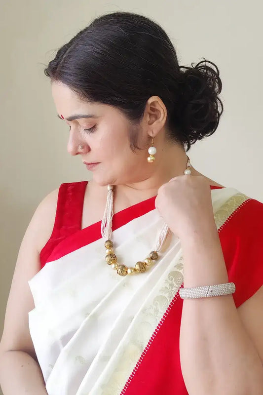 Fabnuma Handcrafted Golden White Beads Necklace & Dangle Earrings - Fabnuma
