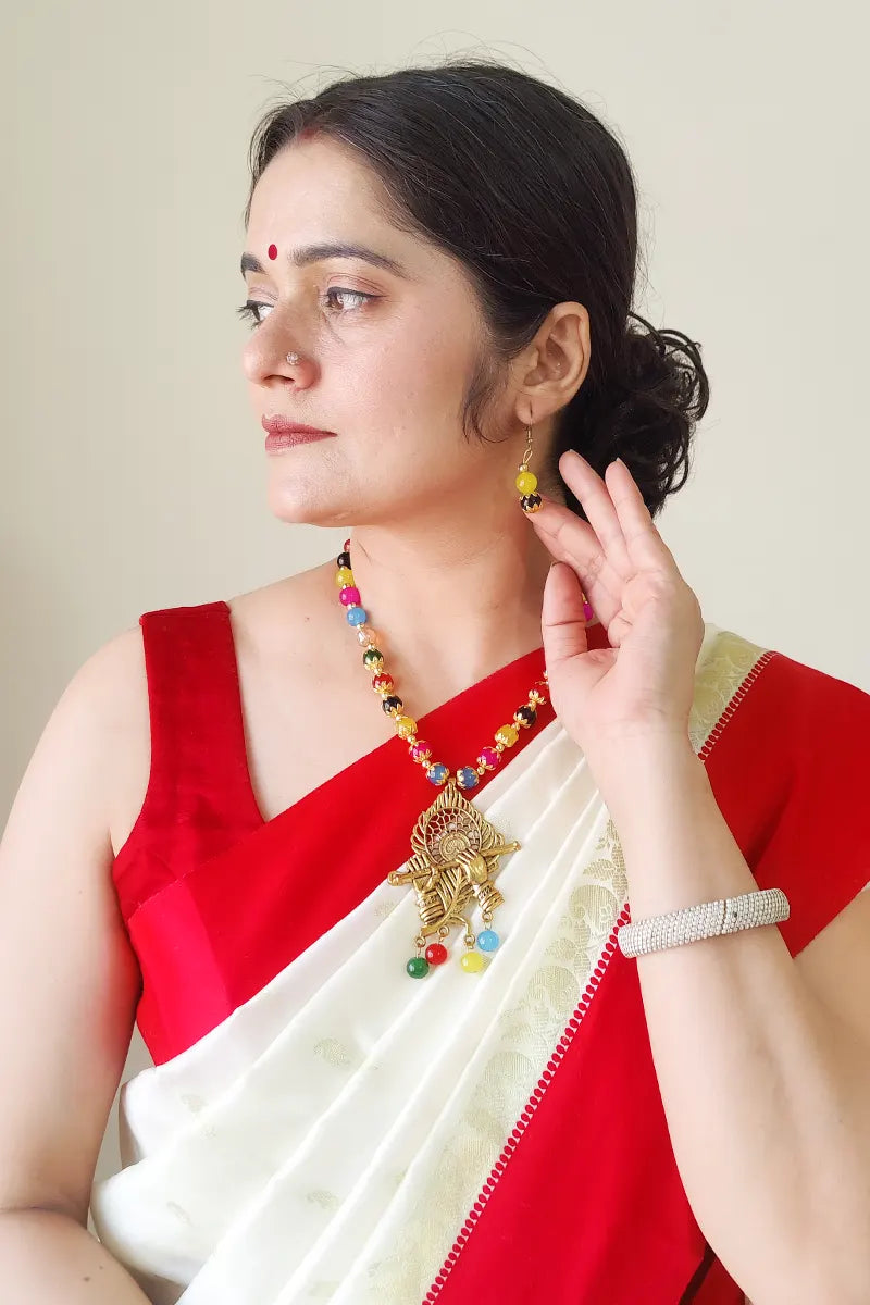 Fabnuma Handcrafted Multi Golden Oxidize Antic Plated Pendant Neckpiece & Dangle Earrings - Fabnuma