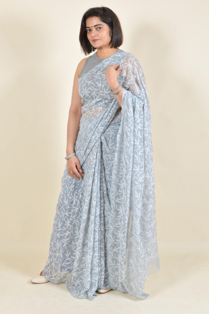 Fabnuma Handcrafted Grey Georgette Tepchi Chikankari Saree-Blouse - Fabnuma