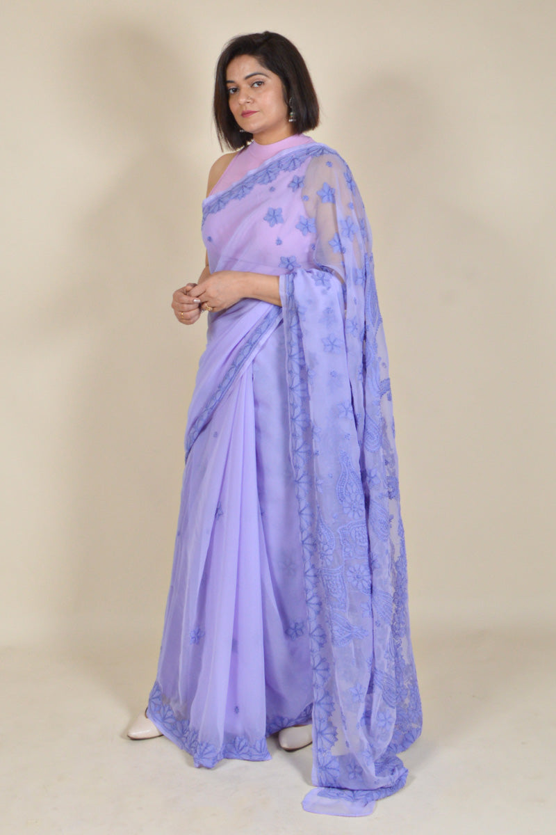 Fabnuma Handcrafted Lavender Georgette Chikankari Saree-Blouse - Fabnuma