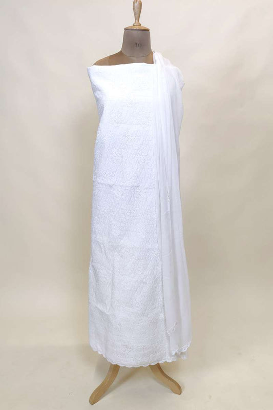 Fabnuma Handcrafted White Cotton Chikankari 3Pcs Unstiched Suit Set - Fabnuma