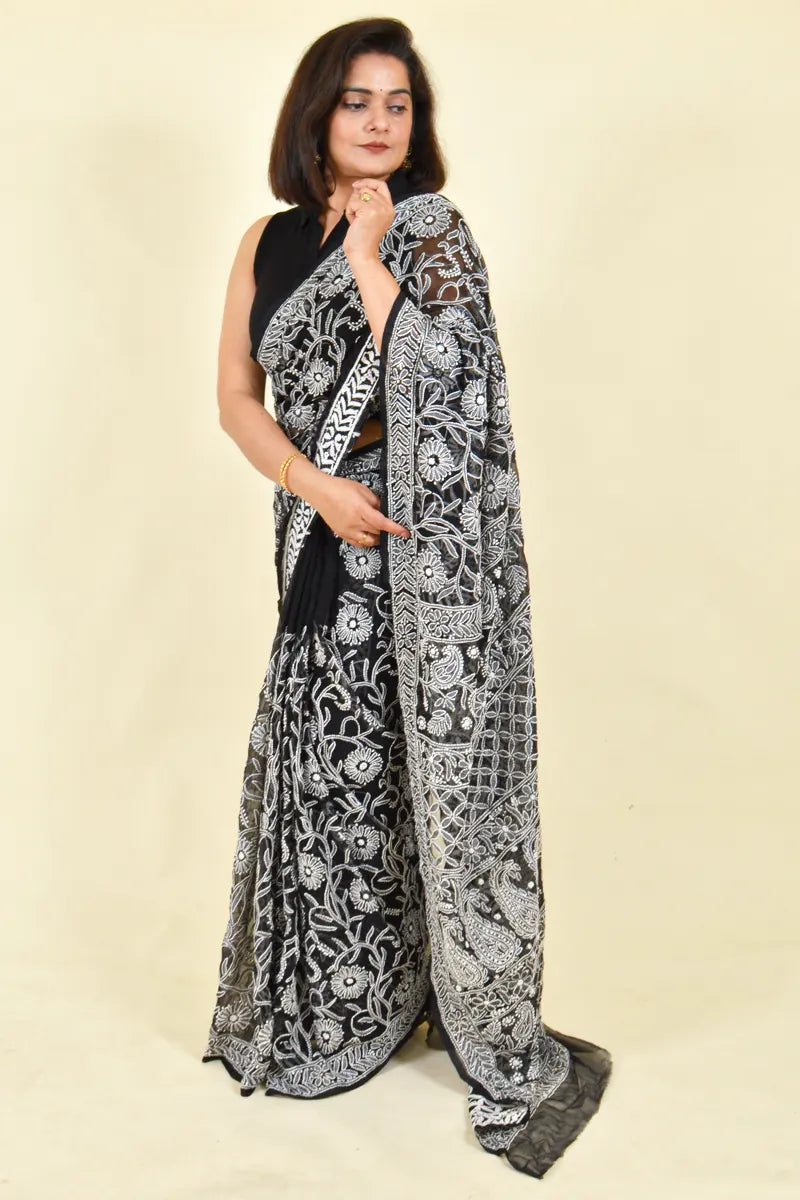 Fabnuma Handcrafted Black Georgette Chikankari Saree-Blouse - Fabnuma