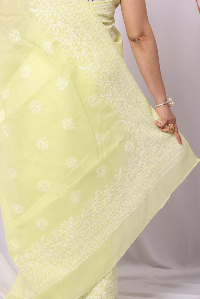 MeMaana Handcrafted Lemon Cotton Chikankari Saree-Blouse Fabnuma