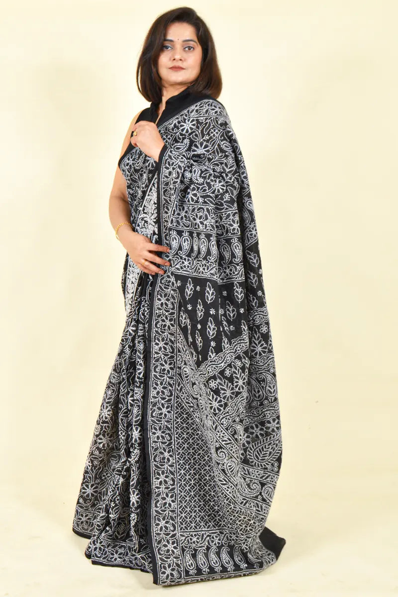 Fabnuma Handcrafted Black Cotton Chikankari Saree-Blouse - Fabnuma