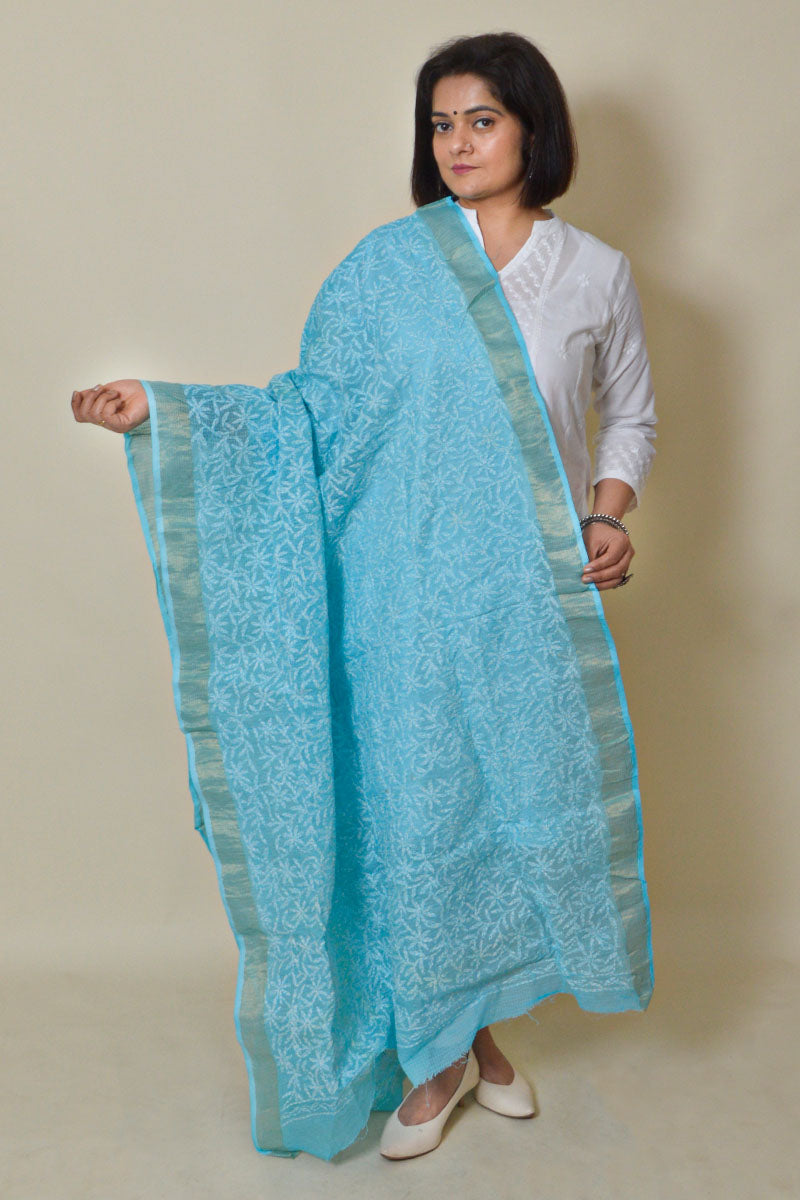 Fabnuma Handcrafted Sky Blue Kota Cotton Chikankari Dupatta - Fabnuma
