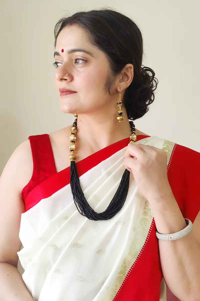 Fabnuma Handcrafted Black & Golden Beads Layer Neckpiece & Dangle Earrings - Fabnuma