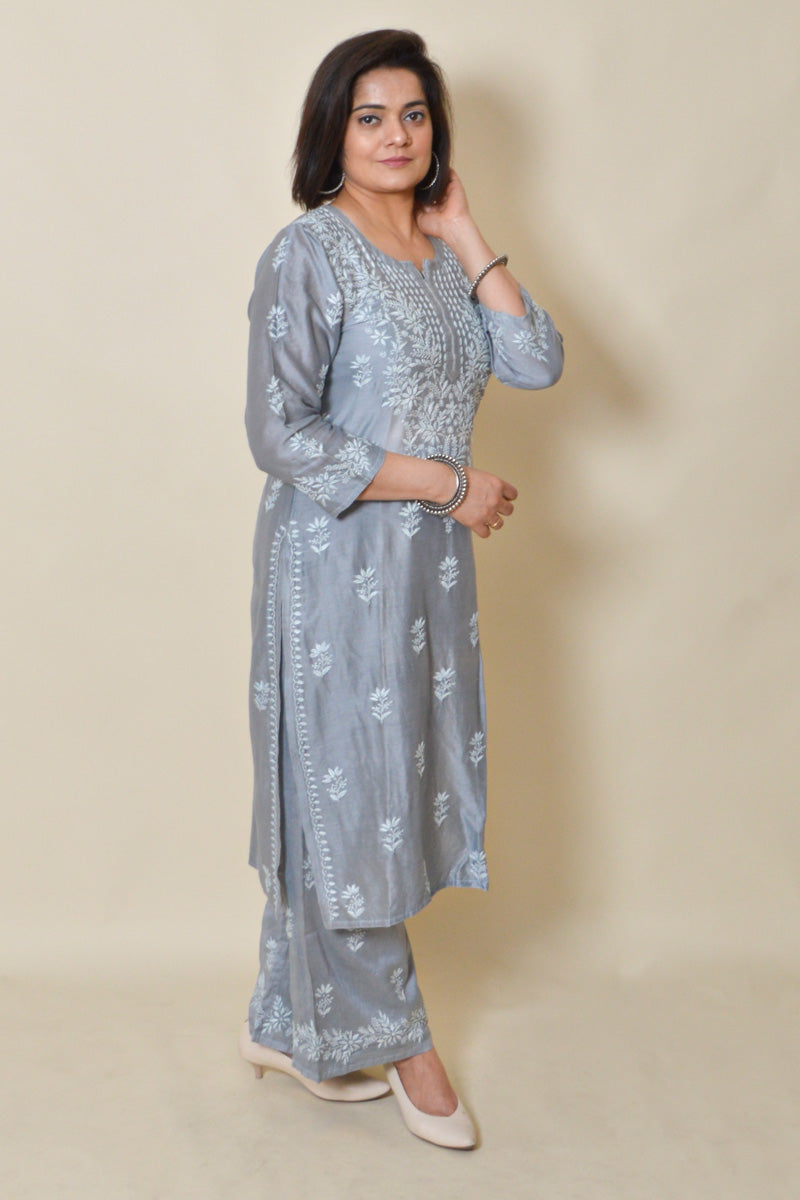 Fabnuma Handcrafted Gray Muslin Silk Chikankari Kurta Bottom Set - Fabnuma