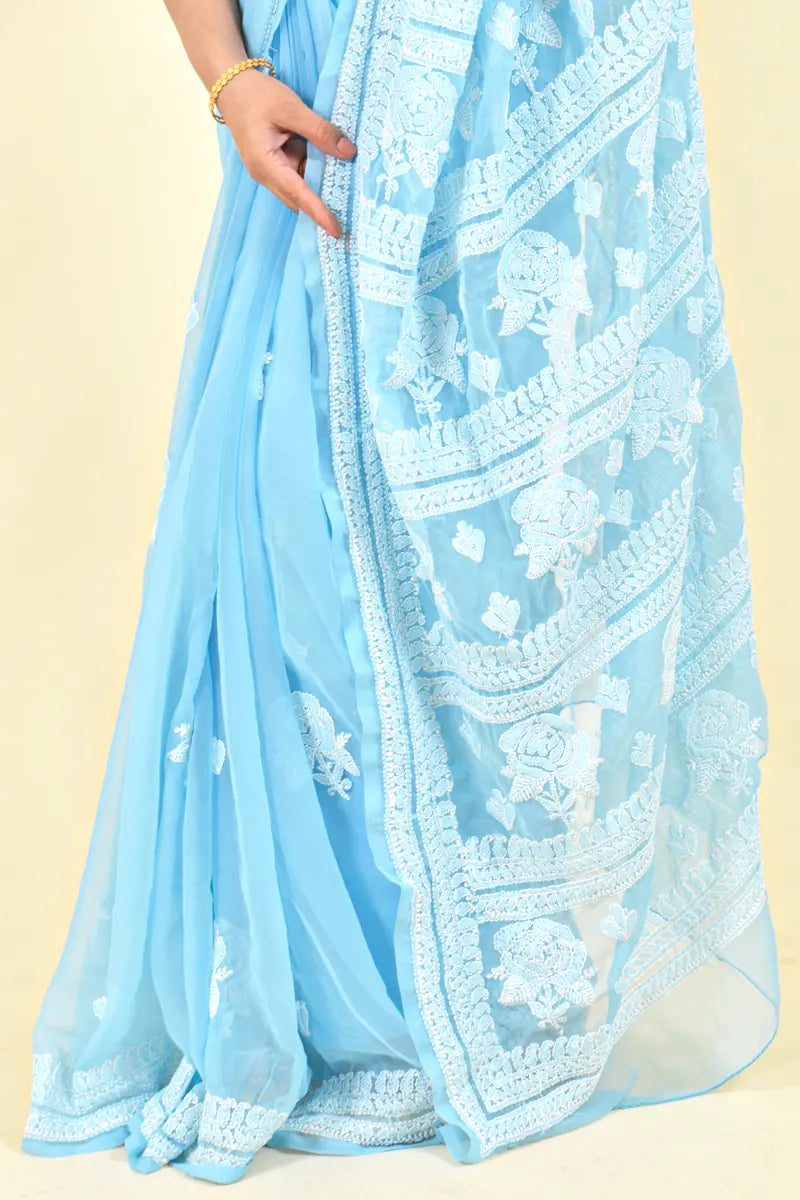 Fabnuma Handcrafted Sky Blue Georgette Chikankari Saree-Blouse - Fabnuma