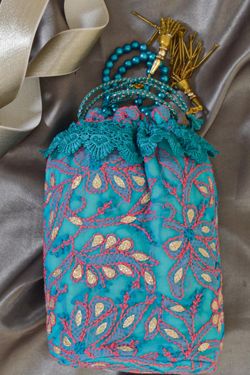 Fabnuma Handcrafted Blue Chikankari Potli Bag - Fabnuma