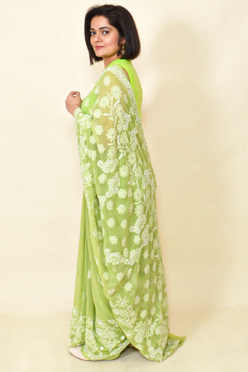 Fabnuma Handcrafted Green Georgette Chikankari Saree-Blouse - Fabnuma