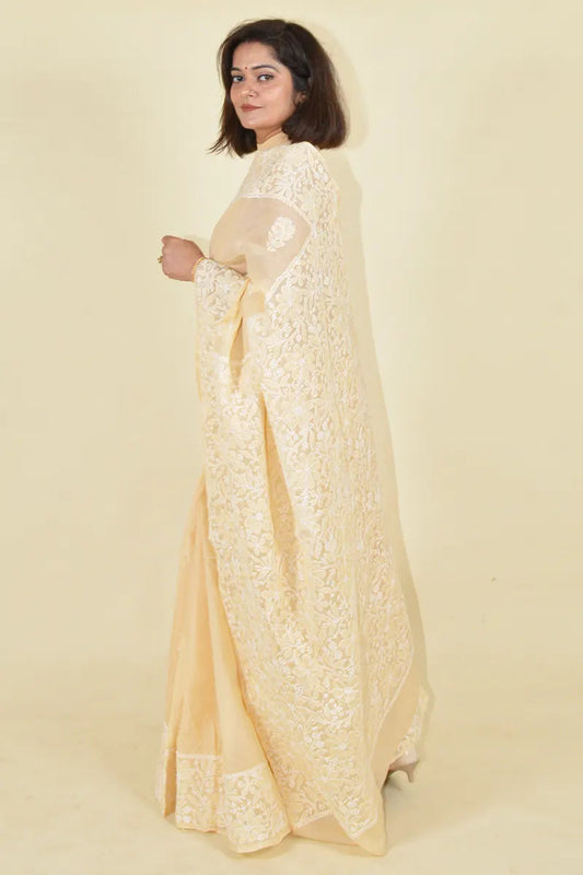 MeMaana Handcrafted Beige Cotton Chikankari Saree-Blouse MeMaana