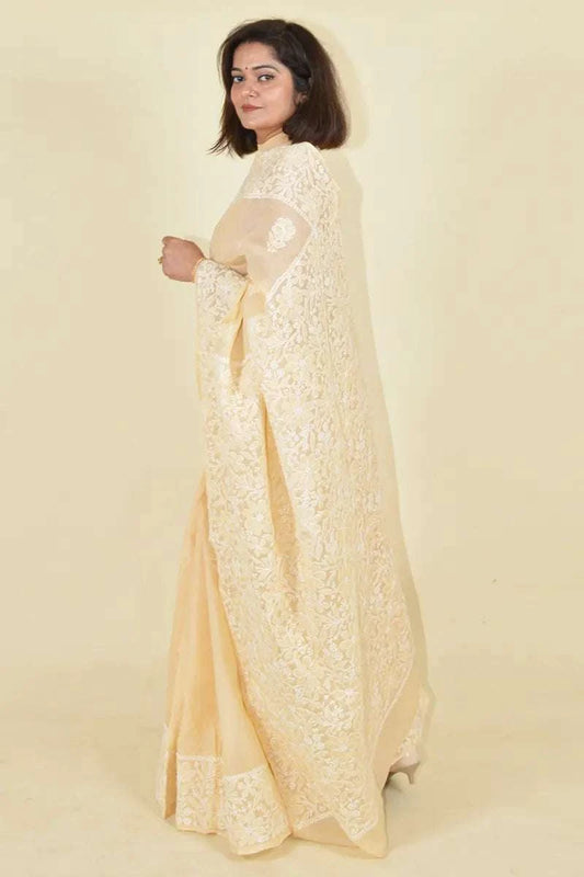 MeMaana Handcrafted Beige Cotton Chikankari Saree-Blouse MeMaana