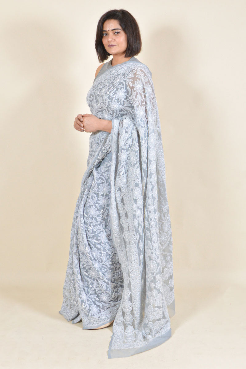 Fabnuma Handcrafted Gray Georgette Chikankari Saree-Blouse - Fabnuma