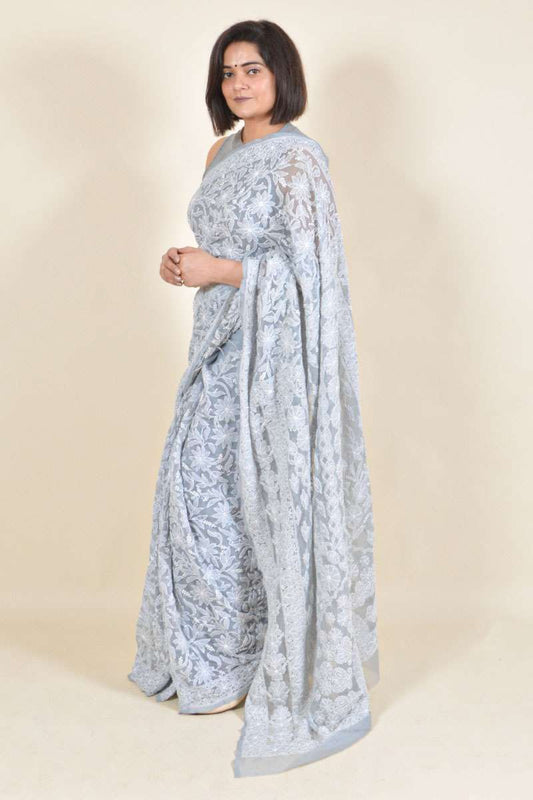 Fabnuma Handcrafted Gray Georgette Chikankari Saree-Blouse - Fabnuma
