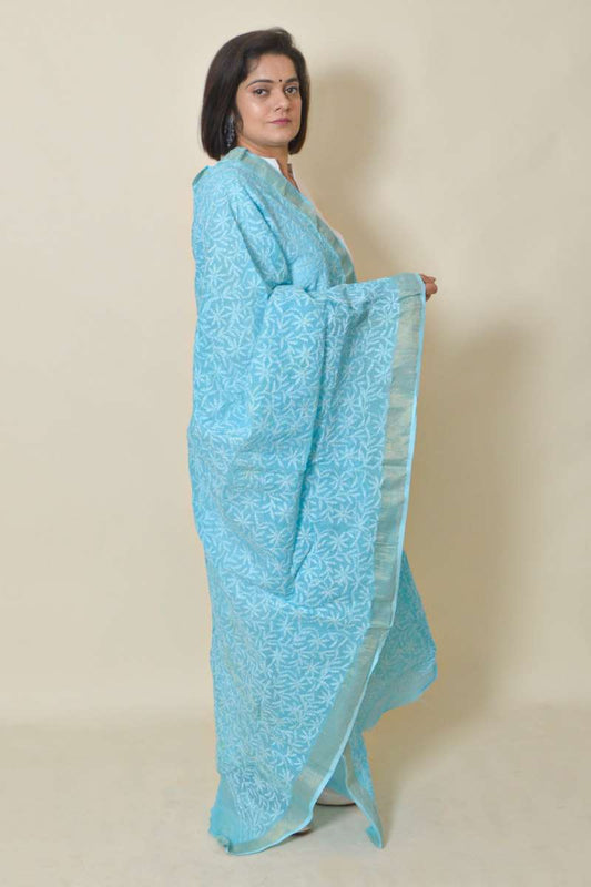 Fabnuma Handcrafted Sky Blue Kota Cotton Chikankari Dupatta - Fabnuma