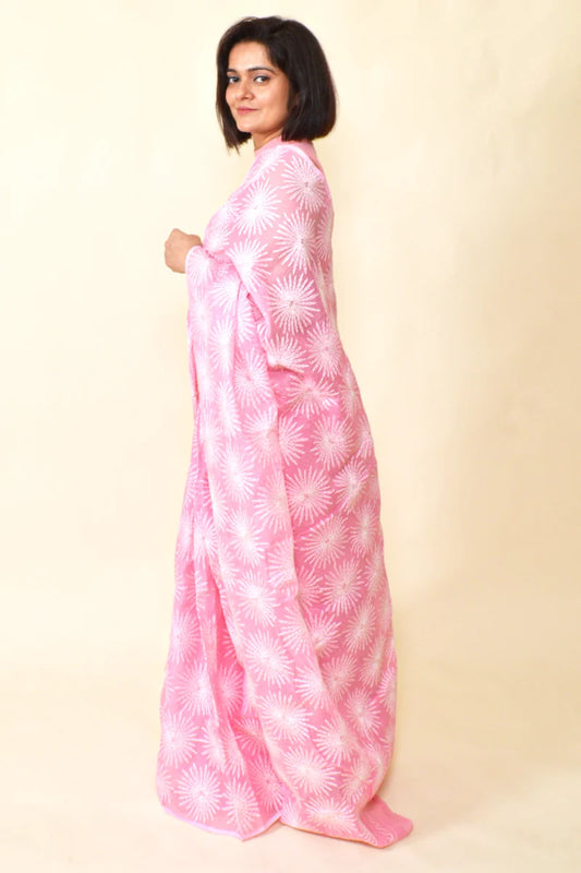 Fabnuma Handcrafted Pink Kota Cotton Chikankari Saree-Blouse - Fabnuma