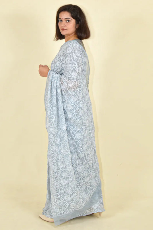 MeMaana Handcrafted Gray Tepchi Georgette Chikankari Saree-Blouse MeMaana