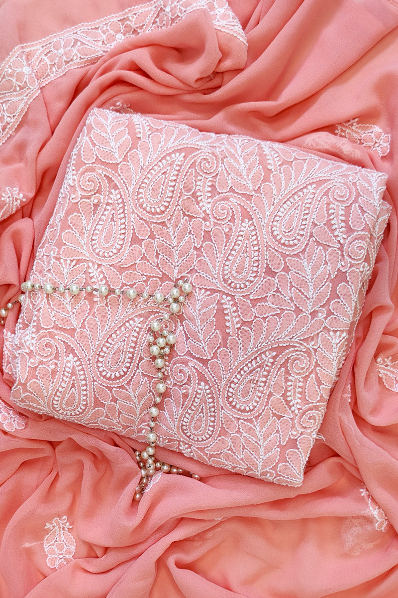 Fabnuma Handcrafted Peach Georgette Chikankari 3Pcs Unstiched Suit Set - Fabnuma