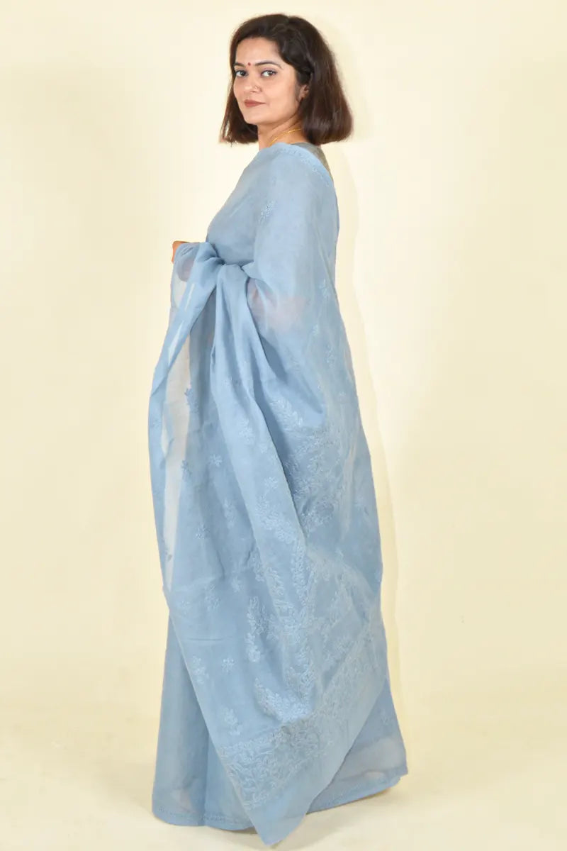 Fabnuma Handcrafted Gray Cotton Chikankari Saree-Blouse Fabnuma