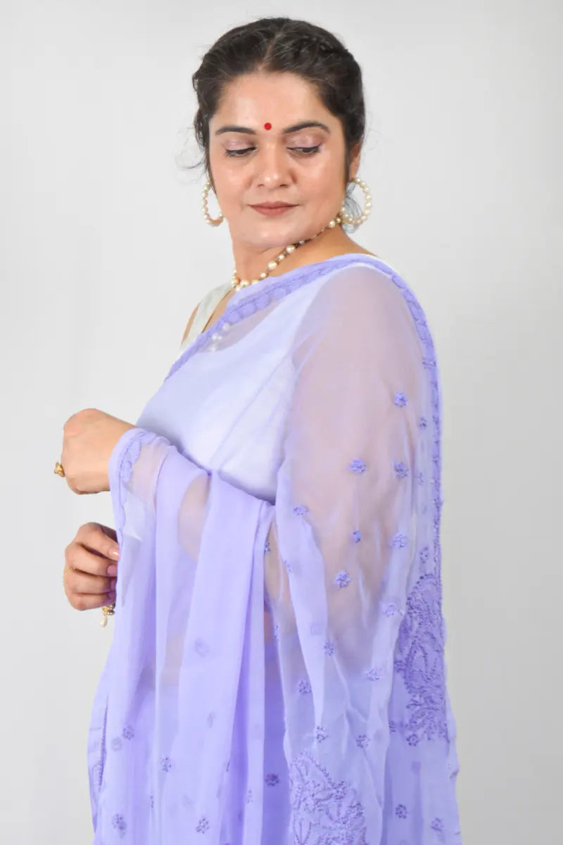 Lavender georgette saree with allover handcrafted Lucknowi Chikankari embroidery and matching blouse – ethnic elegance by MeMaana.