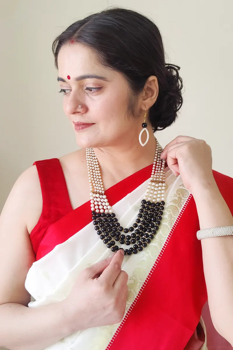 Fabnuma Handcrafted Black & White Beaded Layer Neckpiece & Dangle Earrings - Fabnuma