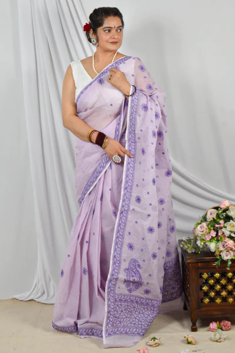 Handcrafted Lavender Kota Cotton Saree with Pearl & Sequin Work Designer Lucknowi Chikankari Embroidery and a matching Blouse, ideal for Festive and occasions.