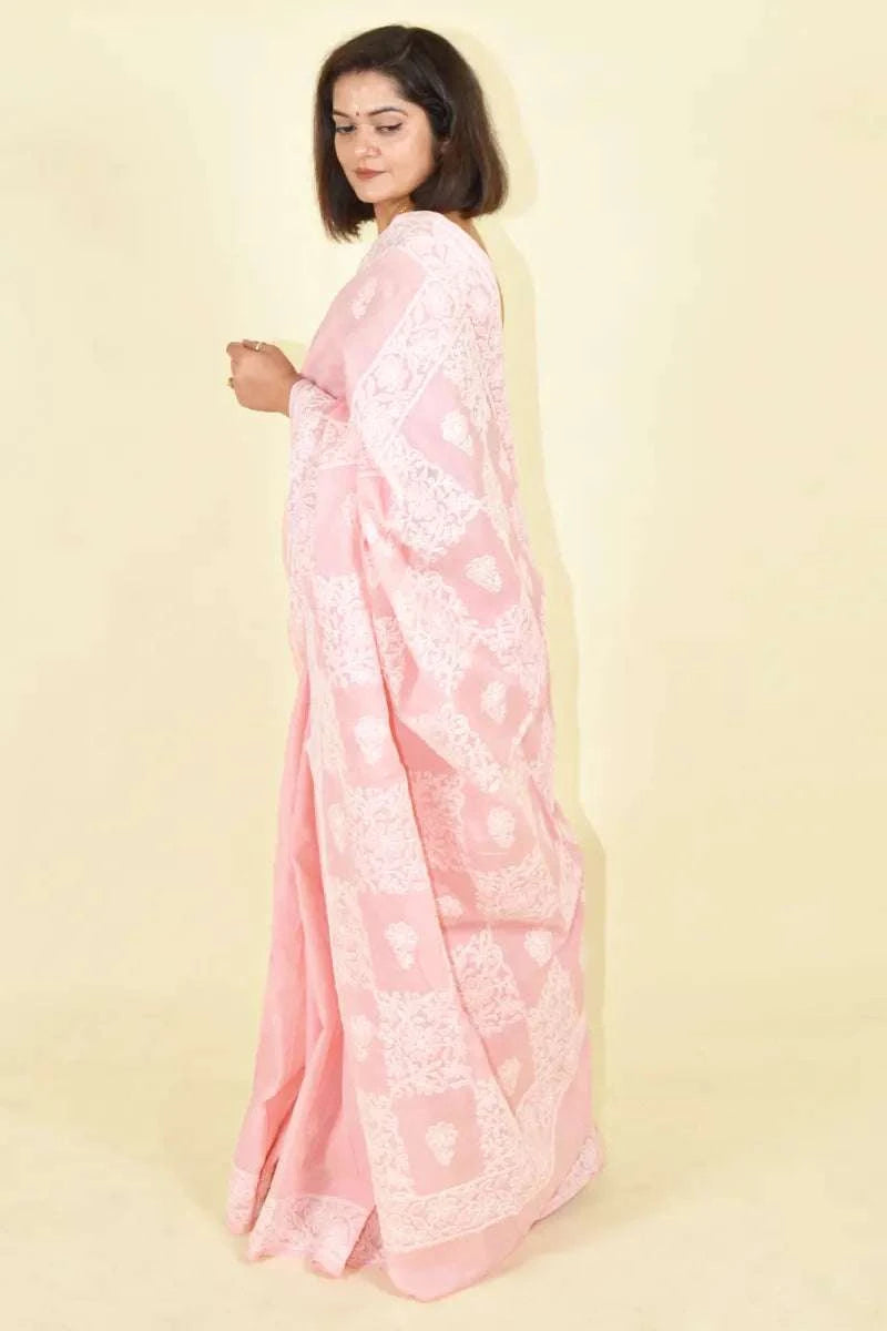 MeMaana Handcrafted Peach Cotton Chikankari Saree-Blouse MeMaana