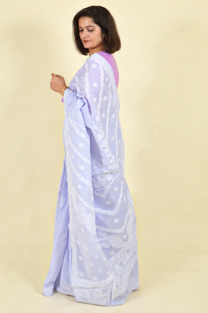 Fabnuma Handcrafted Lavender Cotton Chikankari Saree-Blouse - Fabnuma