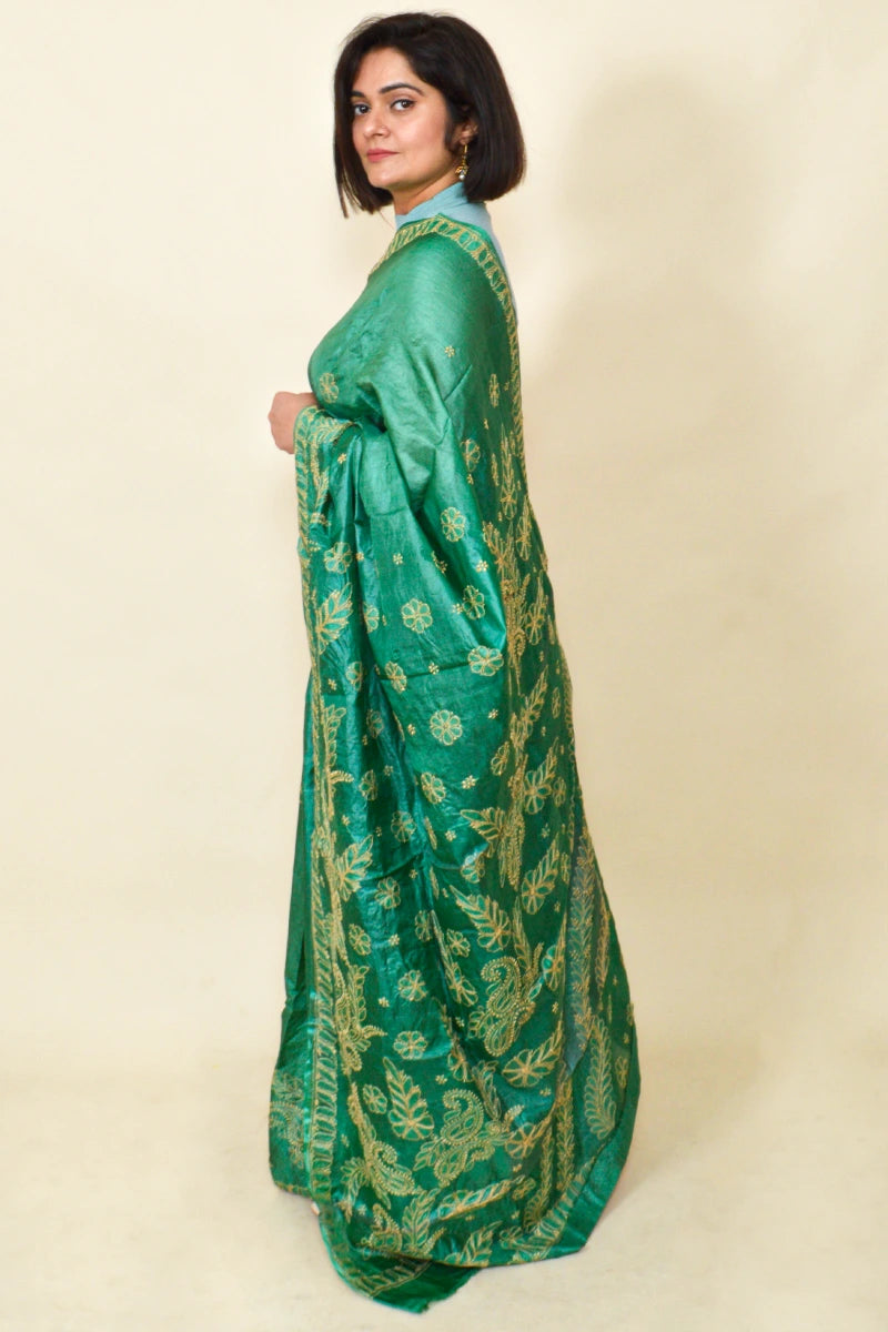 Fabnuma Handcrafted Teal Green Tussar Silk Chikankari Saree-Blouse - Fabnuma