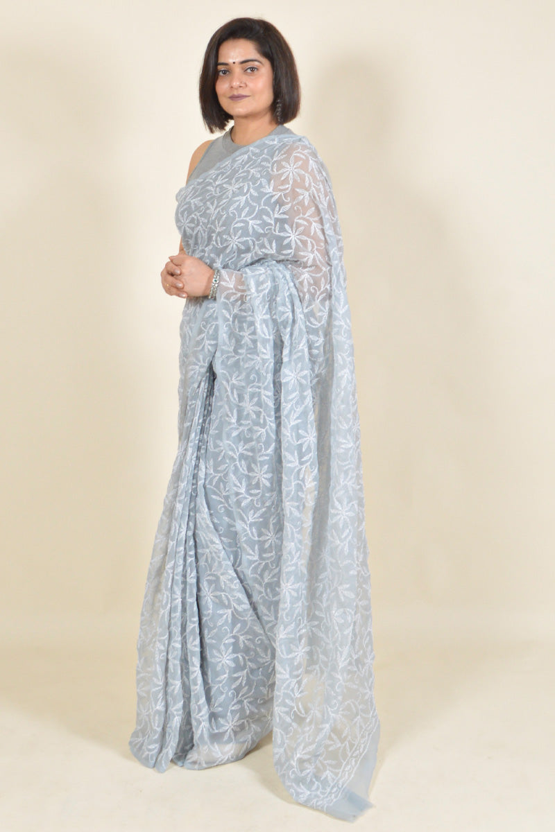 Fabnuma Handcrafted Grey Georgette Tepchi Chikankari Saree-Blouse - Fabnuma
