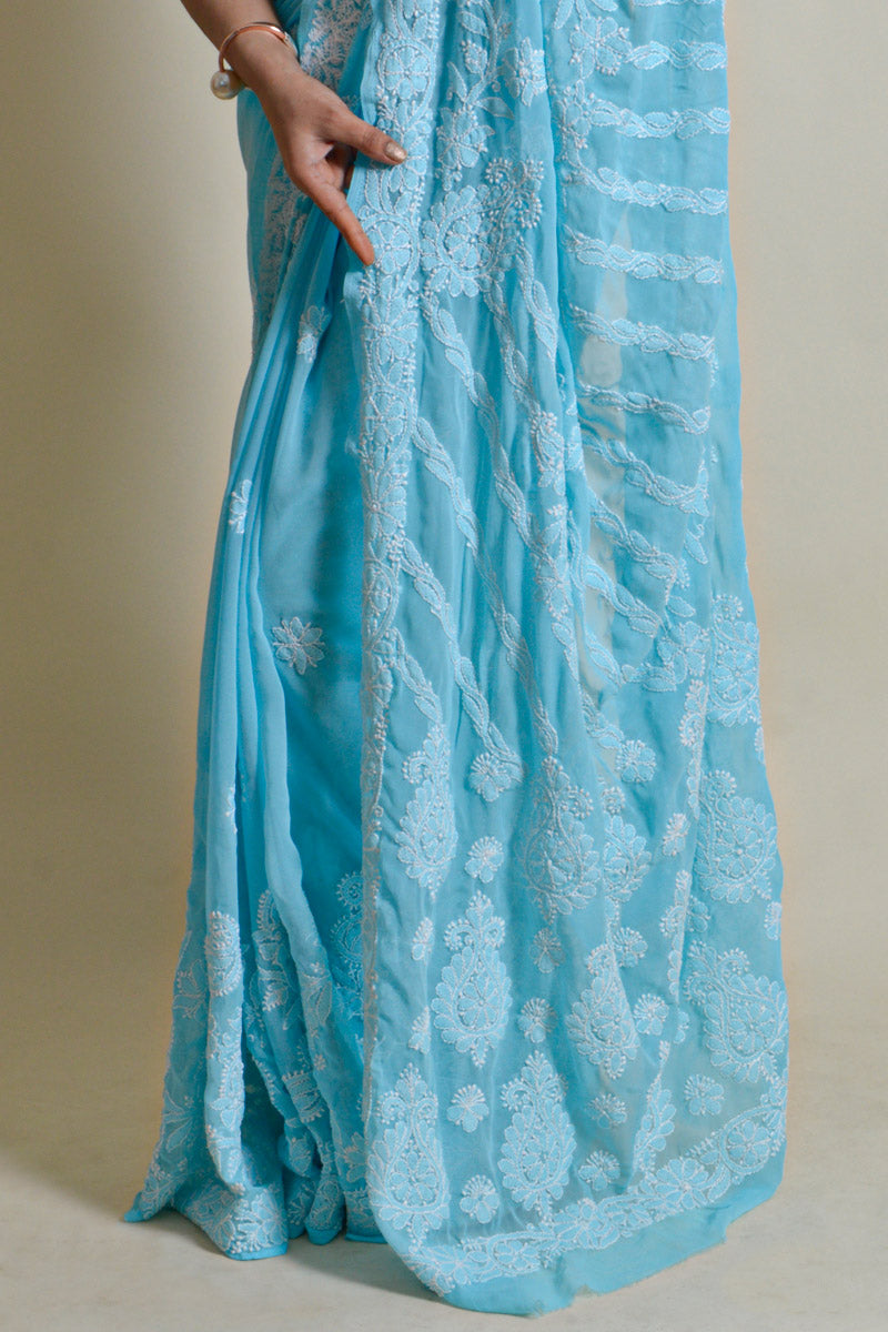 Fabnuma Handcrafted Sky Blue Georgette Chikankari Saree-Blouse - Fabnuma