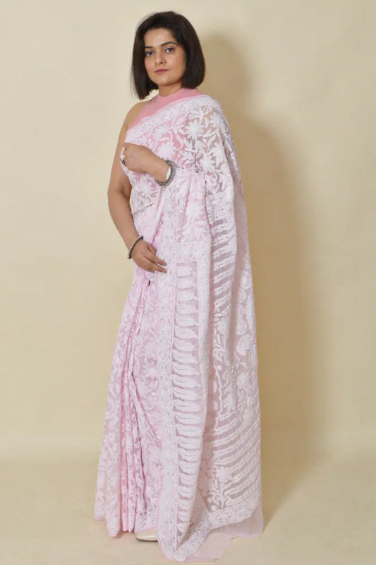 Fabnuma Handcrafted Baby Pink Georgette Chikankari Saree-Blouse - Fabnuma