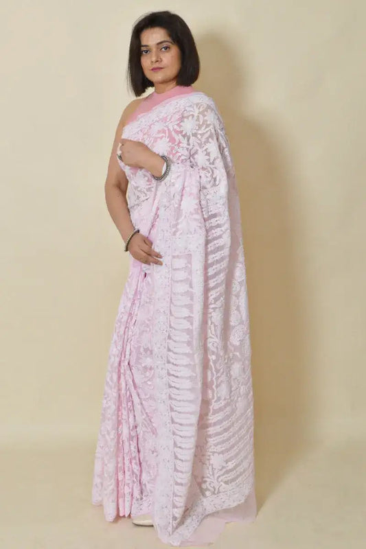 Fabnuma Handcrafted Baby Pink Georgette Chikankari Saree-Blouse - Fabnuma