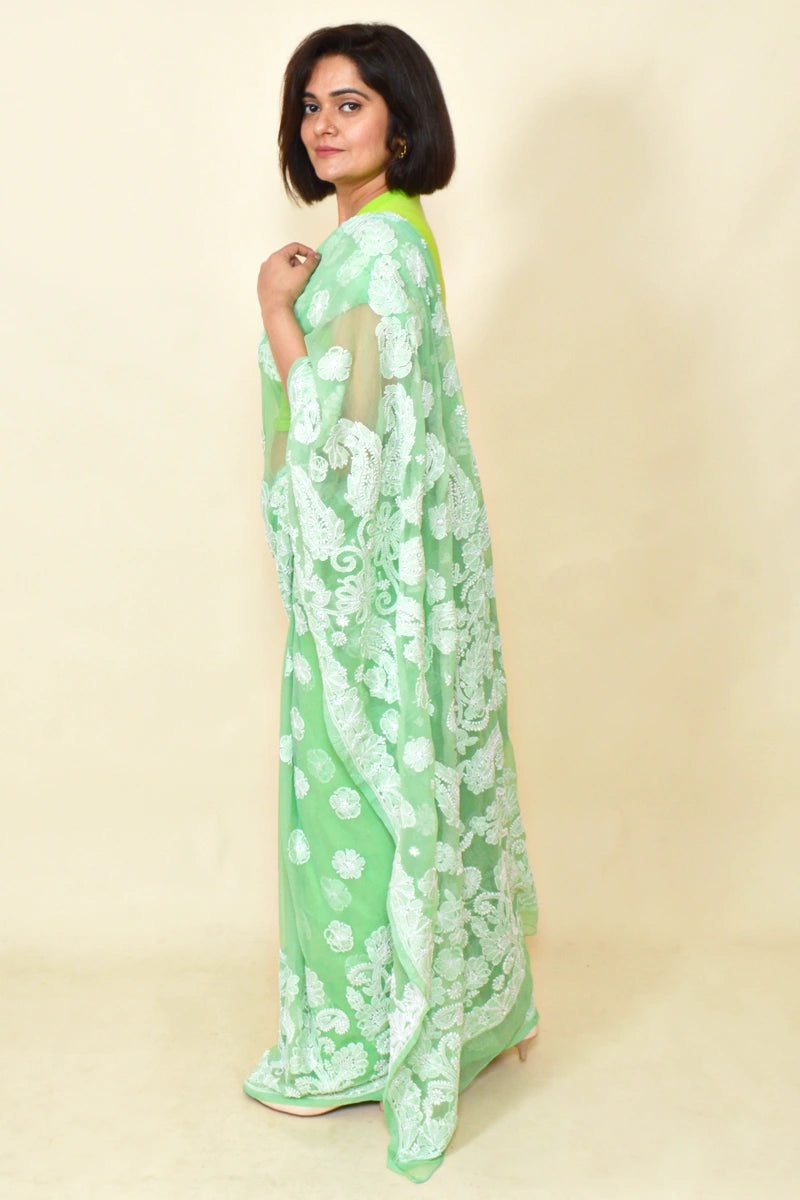 Fabnuma Handcrafted Light Green Georgette Chikankari Saree-Blouse - Fabnuma
