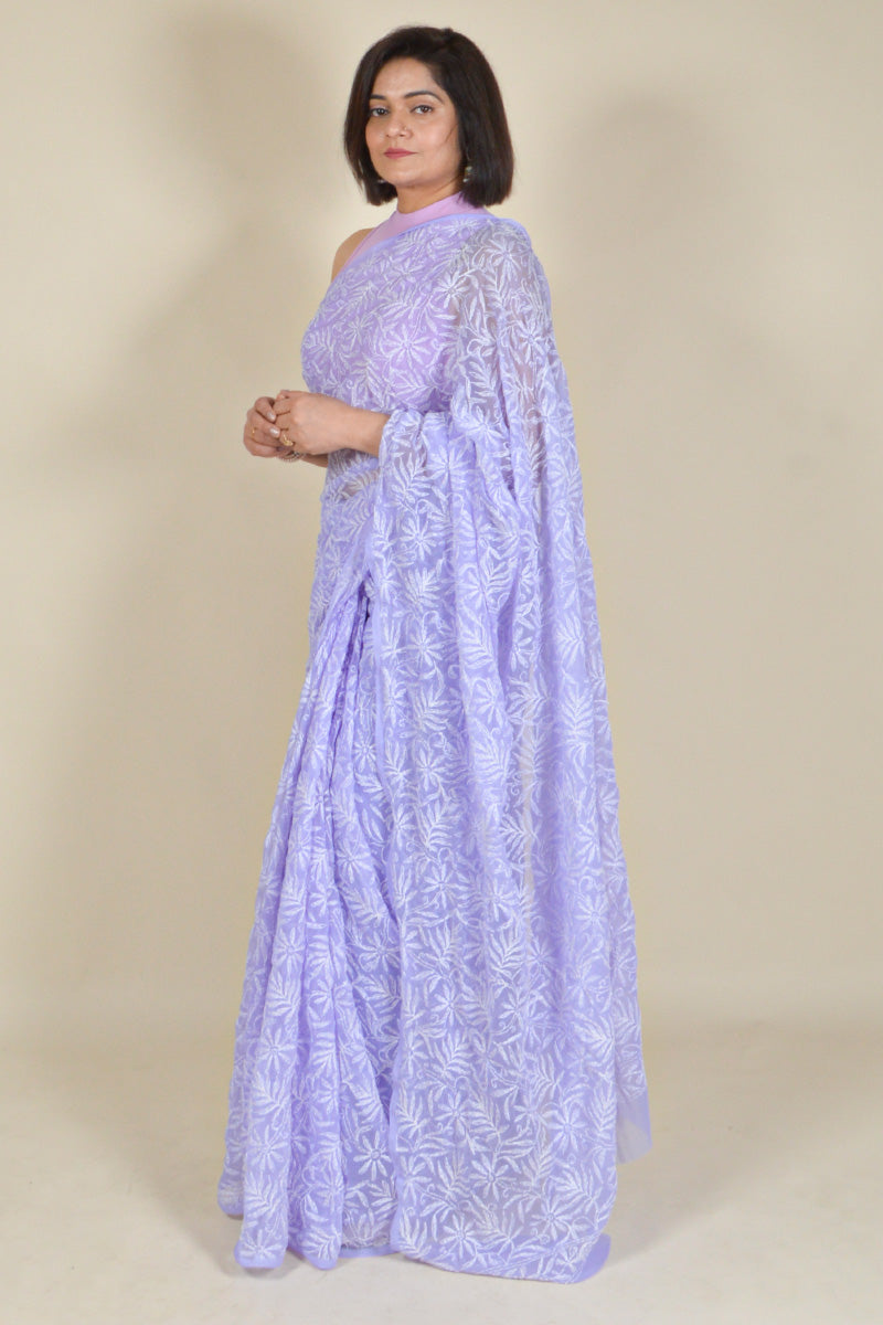 Fabnuma Handcrafted Lavender Georgette Tepchi Chikankari Saree-Blouse - Fabnuma