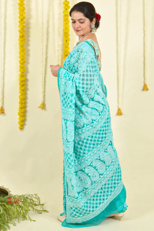 MeMaana Handcrafted Aqua Blue Georgette Chikankari Saree-Blouse MeMaana