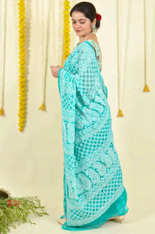 MeMaana Handcrafted Aqua Blue Georgette Chikankari Saree-Blouse MeMaana