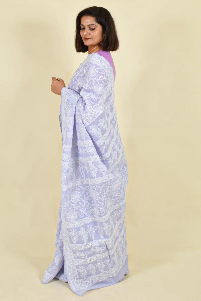 Fabnuma Handcrafted Lavender Cotton Chikankari Saree-Blouse - Fabnuma