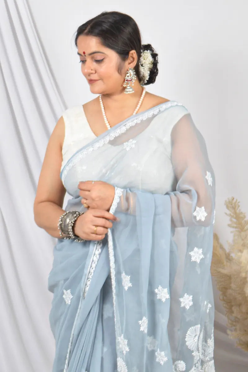 Fabnuma Handcrafted Gray Georgette Lucknowi Chikankari Saree with Blouse.