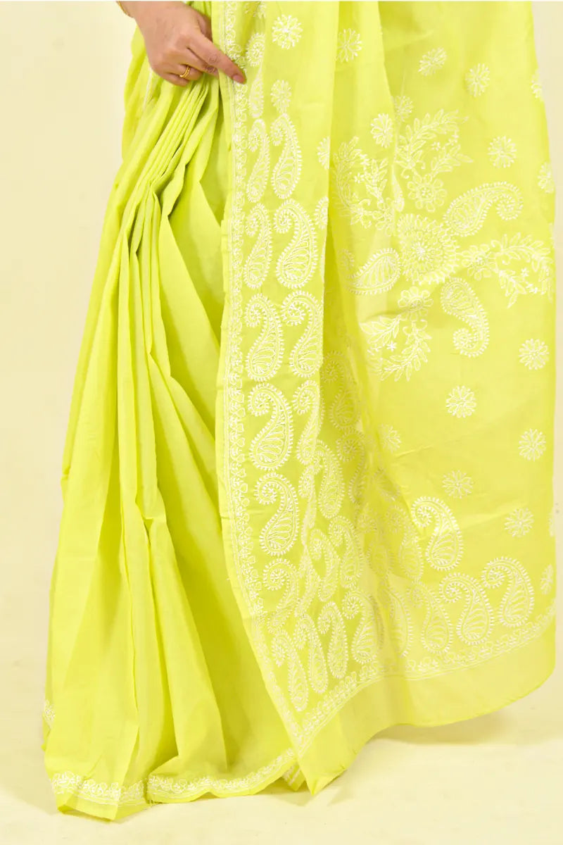 Fabnuma Handcrafted Lemon Green Cotton Chikankari Saree-Blouse - Fabnuma
