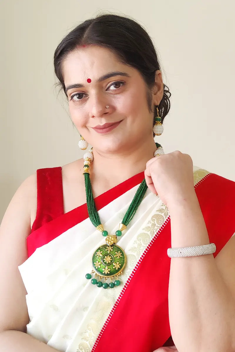 Fabnuma Handcrafted Green Golden Oxidize Plated Pendant Neckpiece & Dangle Earrings - Fabnuma