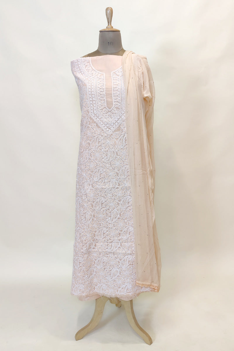 Fabnuma Handcrafted Peach Cotton Chikankari 3Pcs Unstiched Suit Set - Fabnuma