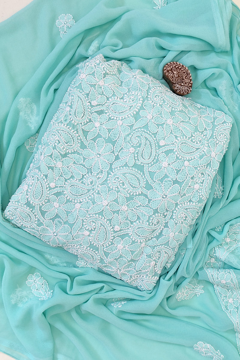 Fabnuma Handcrafted Sea Green Georgette Chikankari 3Pcs Unstiched Suit Set - Fabnuma