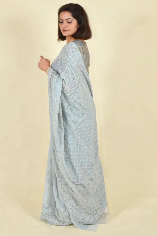 MeMaana Handcrafted Gray Georgette Chikankari Saree-Blouse MeMaana
