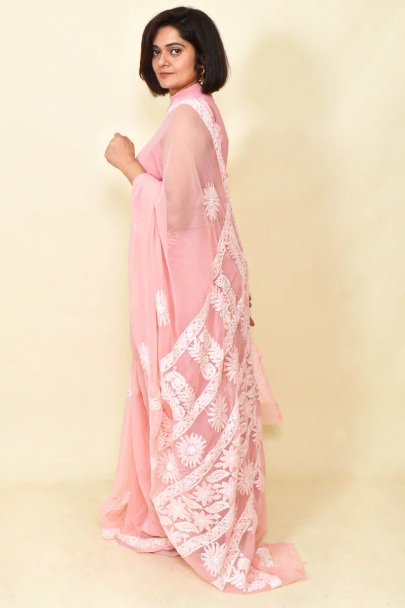 Fabnuma Handcrafted Peach Georgette Chikankari Saree-Blouse - Fabnuma