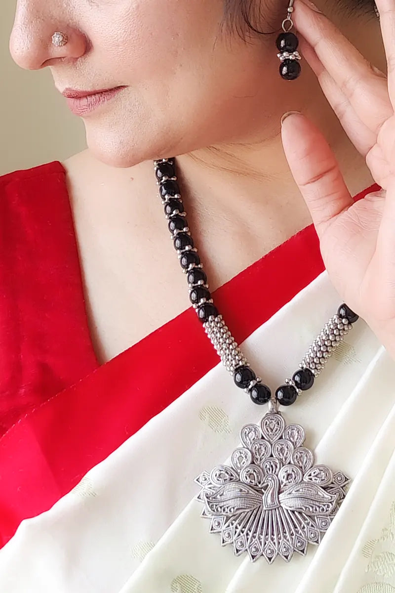 Fabnuma Handcrafted Black Beaded Neckpiece Oxidize Plated Pendant & Dangle Earrings - Fabnuma