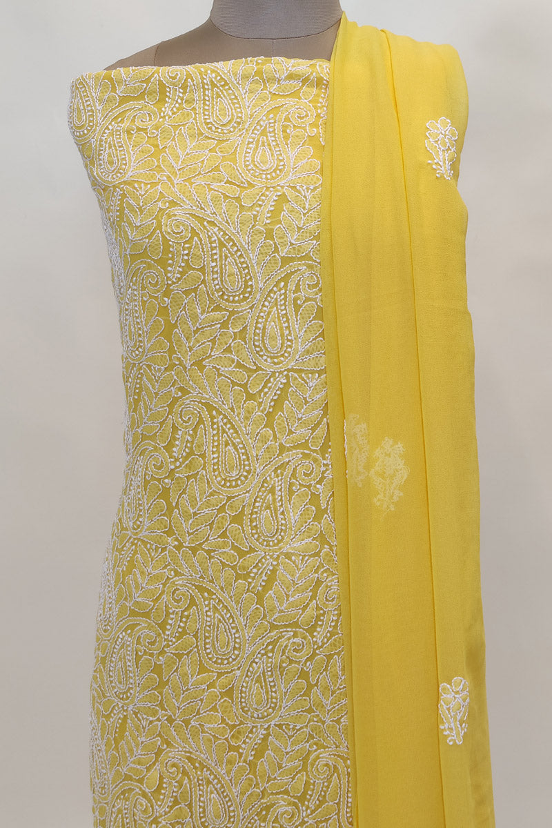 Fabnuma Handcrafted Yellow Georgette Chikankari 3Pcs Unstiched Suit Set - Fabnuma
