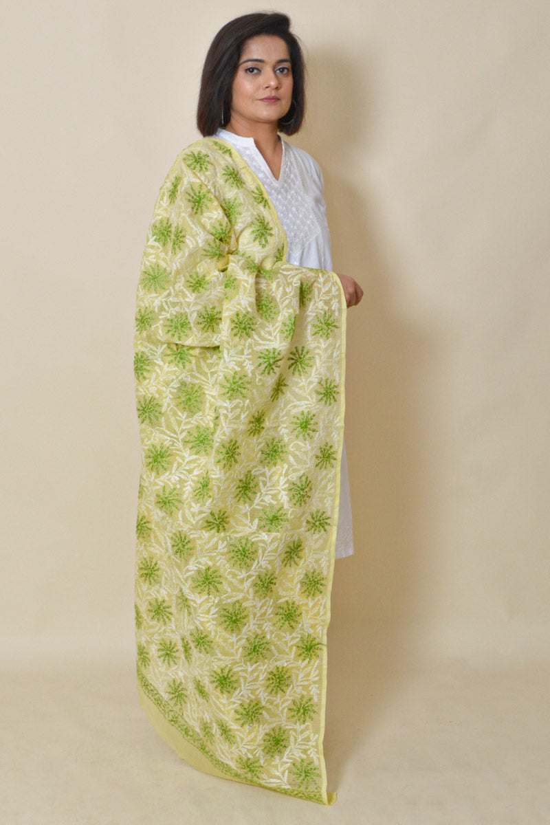 Fabnuma Handcrafted Yellow Kota Cotton Chikankari Dupatta - Fabnuma