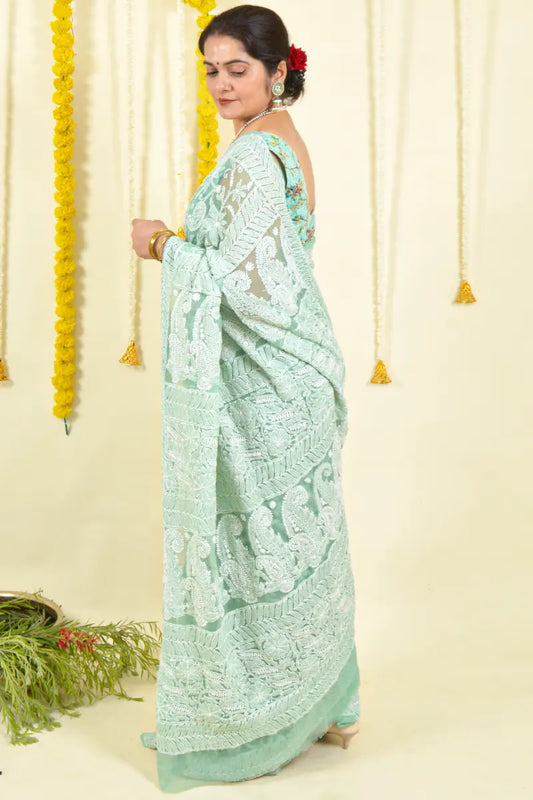 Fabnuma Handcrafted Pista Green Georgette Sequence Pearl Work Chikankari Saree-Blouse - Fabnuma