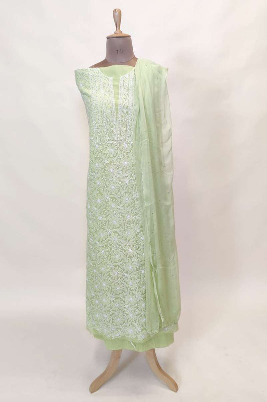 Fabnuma Handcrafted Green Cotton Chikankari 3Pcs Unstiched Suit Set - Fabnuma